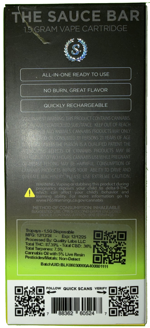 Sauce Classics Black Tropaya Vape Cartridge