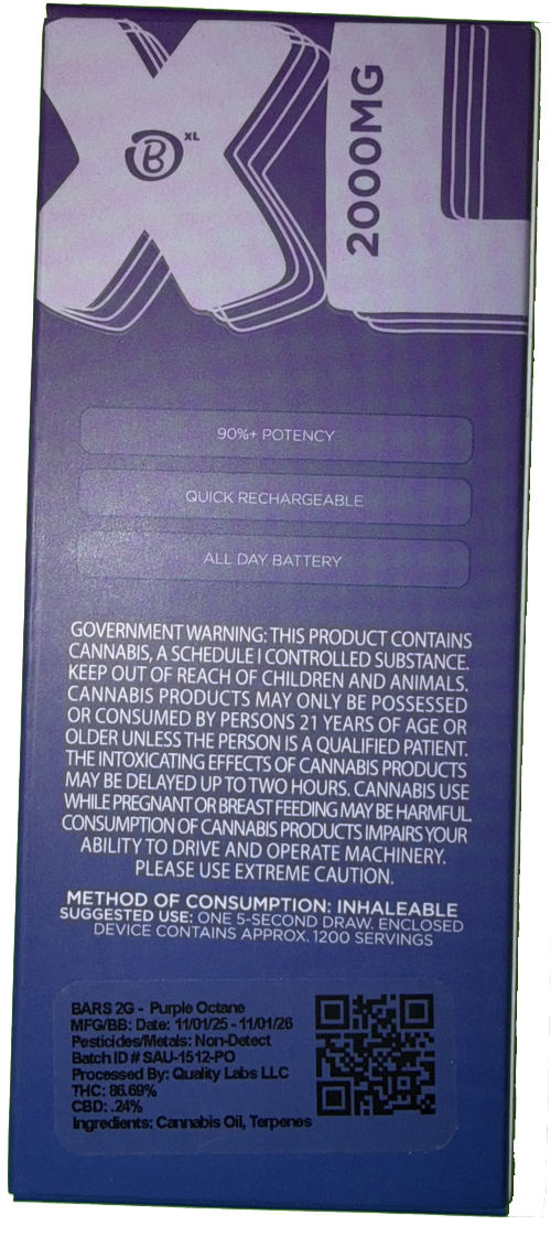 Bars XL Purple Octane Indica Vape Cartridge