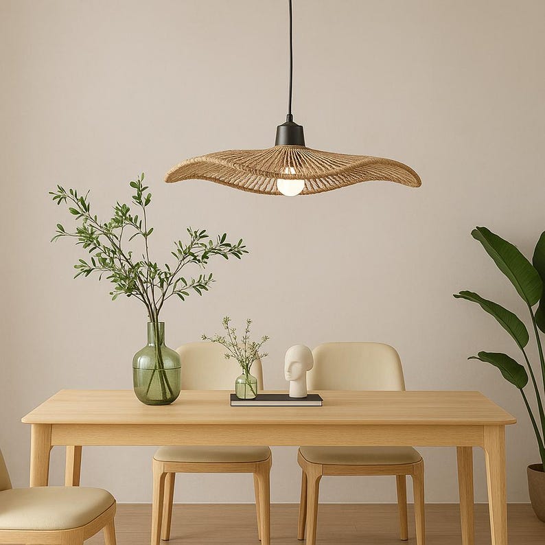 Woven Paper Rope Lampshade, Natural Boho Pendant Light (40cm)