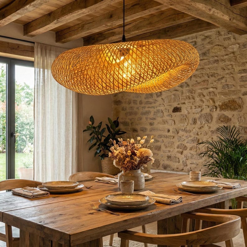 Handwoven Bamboo Pendant Light, Sculptural Boho Ceiling Lamp