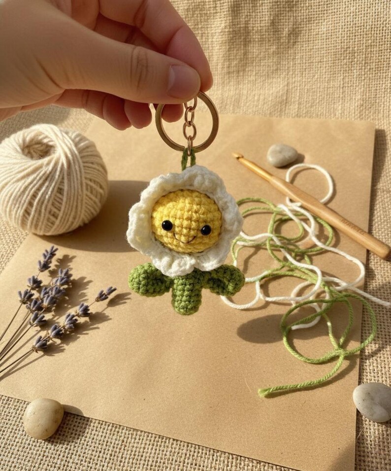 Handmade Crochet Smiling Flower Keychain: Amigurumi Charm