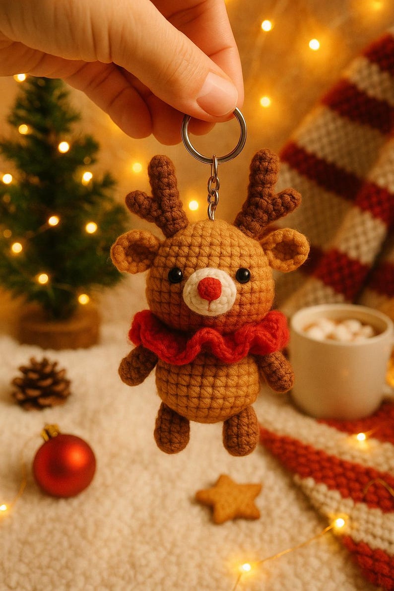 Handmade Crochet Reindeer Keychain: Christmas Amigurumi Charm