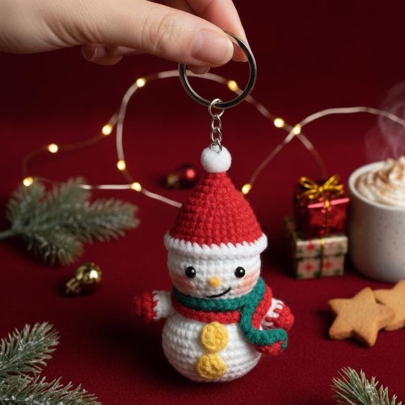 Crochet Snowman Keychain: Handmade Cotton Christmas Charm