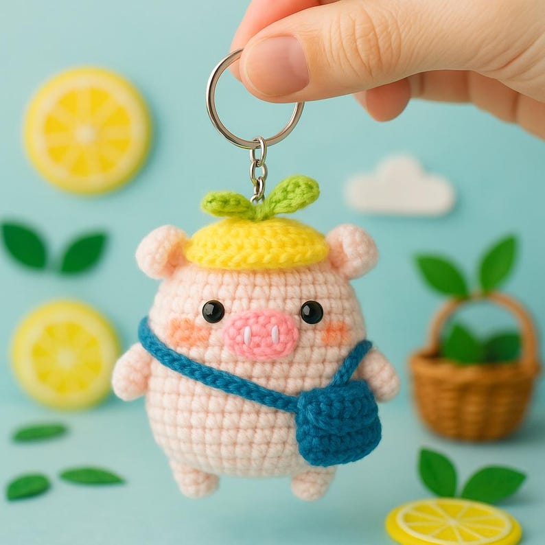 Crochet Pig Keychain: Handmade Amigurumi Plush with Fruit Hat