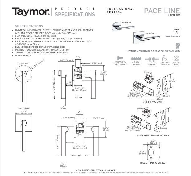 Taymor Pace Line Lever Square Rose Privacy Satin Nickel