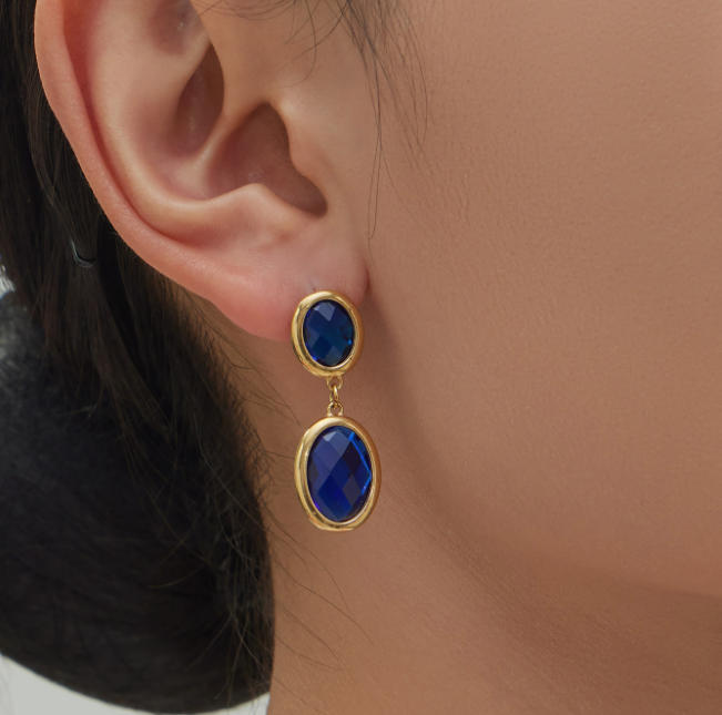 Stainless steel gold-plated earrings with oval glass stones 502037