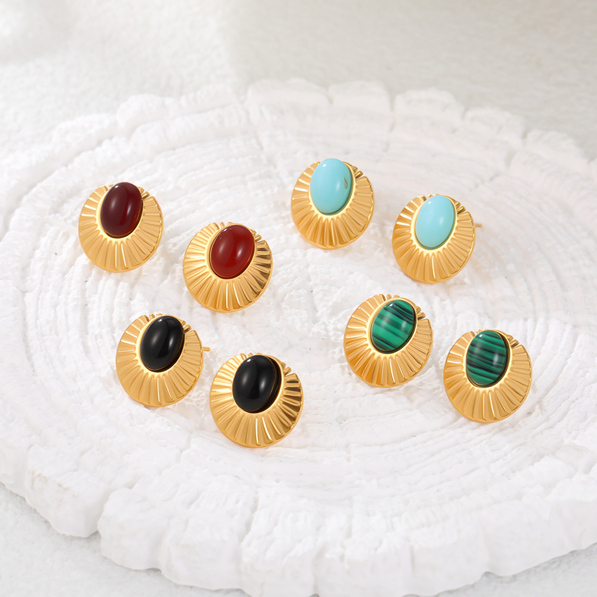 Stainless steel lace-edged pleated earrings with natural stone inlay 502045