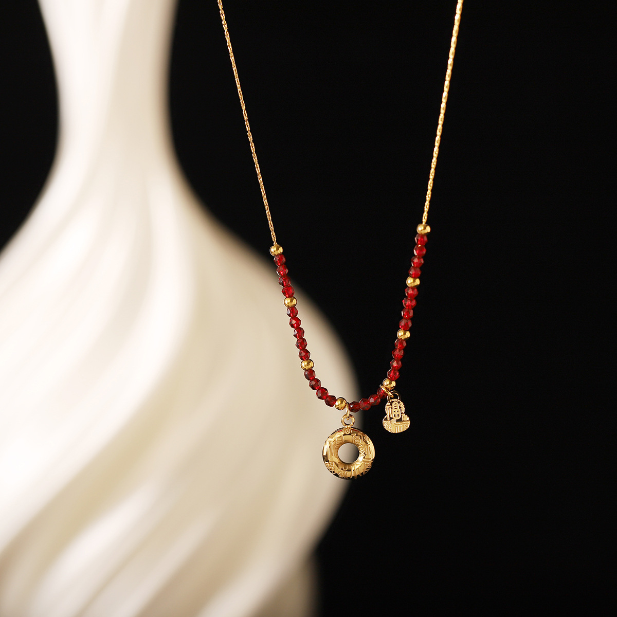 Gold-Plated Red Beaded Pendant Necklace 2501073