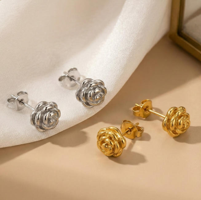 18K Gold Plated Stainless Steel Rose Earrings Wholesale 502036
