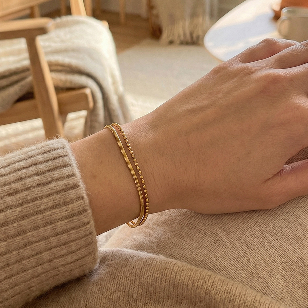 Stainless steel 18k gold-plated double-layer flat snake chain and bead chain. 505068