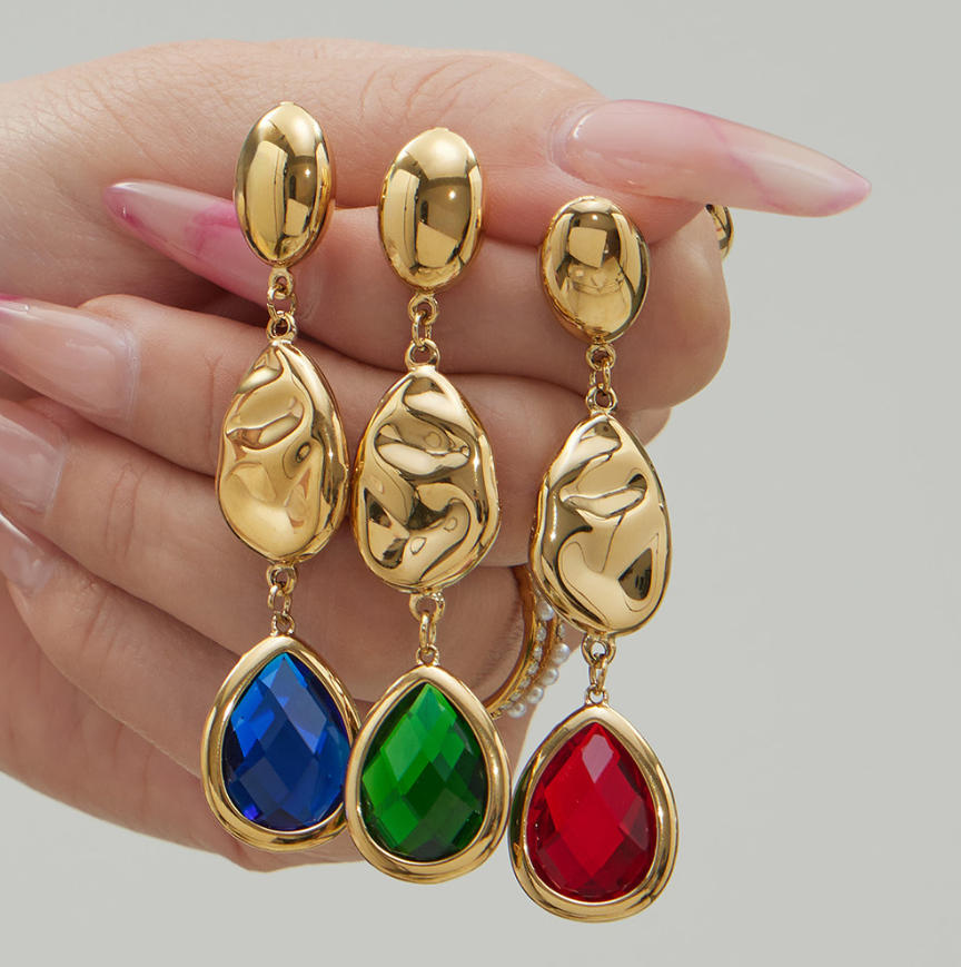 Elegant teardrop-shaped Czech glass stone pendant stainless steel earrings 502034