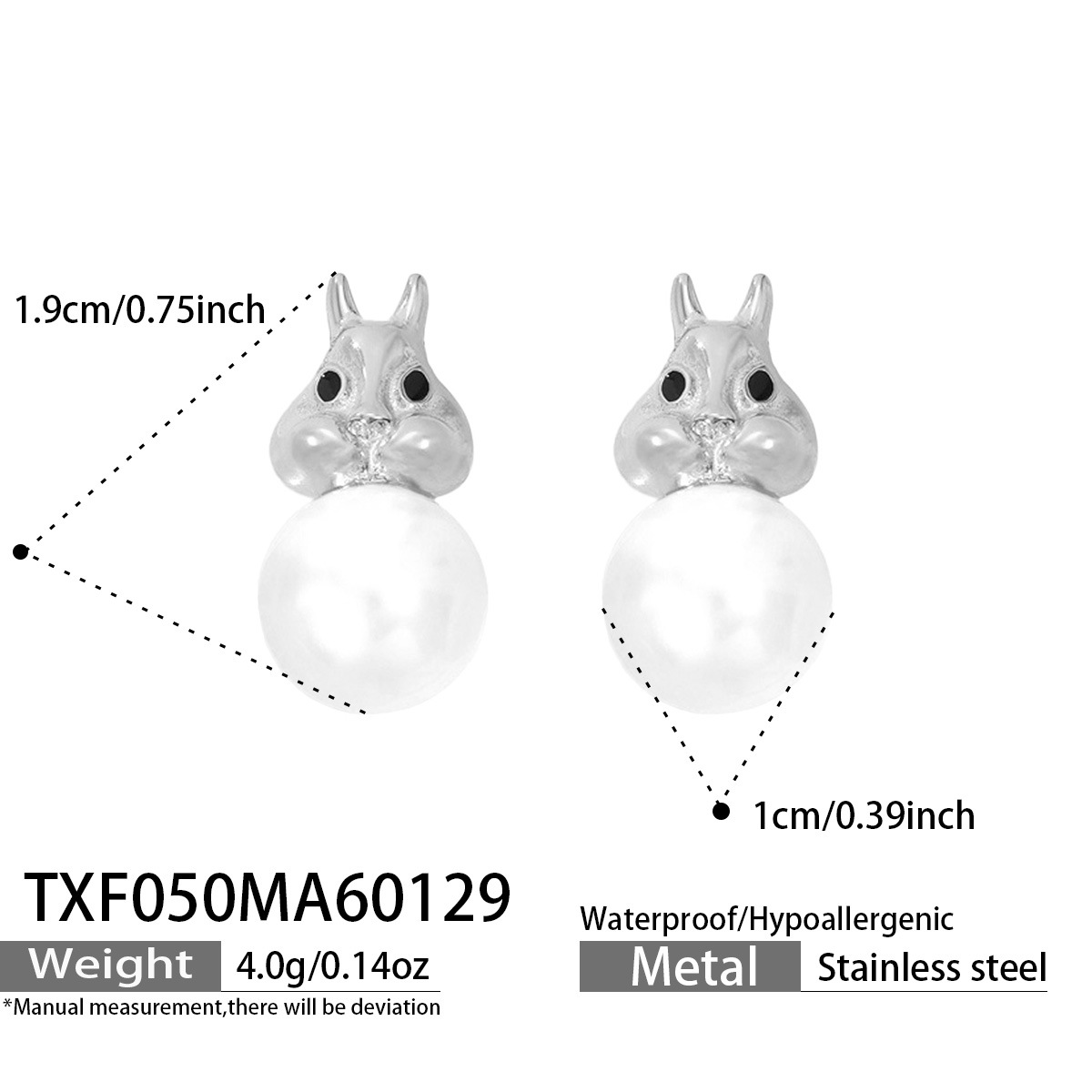 Titanium steel squirrel-shaped imitation pearl stud earrings and necklace set, chic style. 502050
