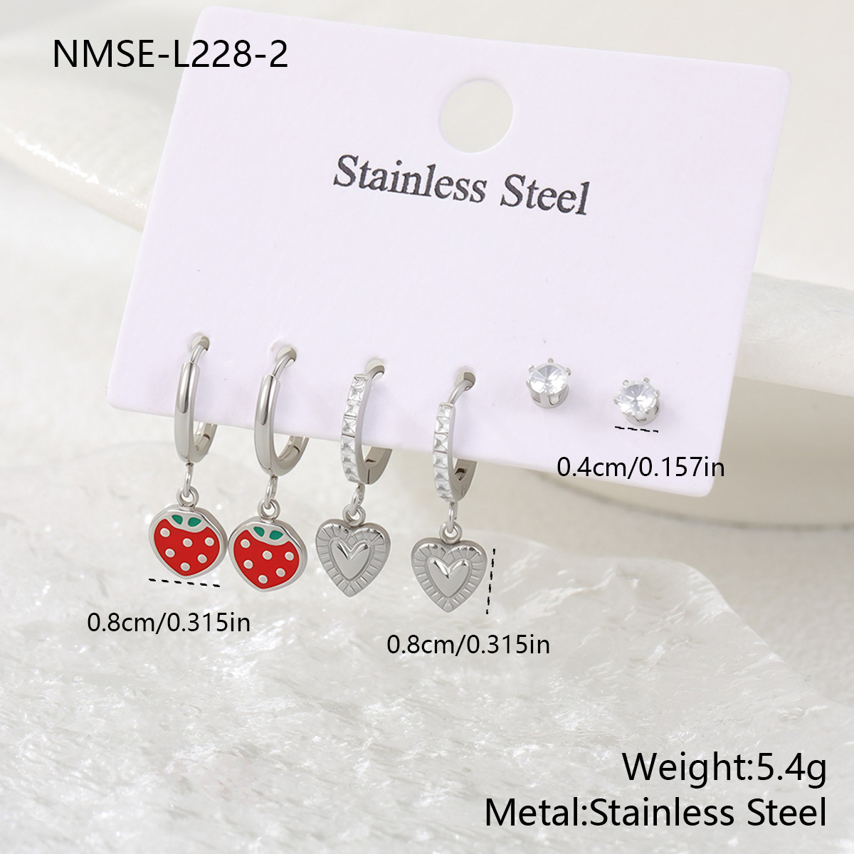 Stainless steel strawberry heart-shaped cubic zirconia earrings 502042