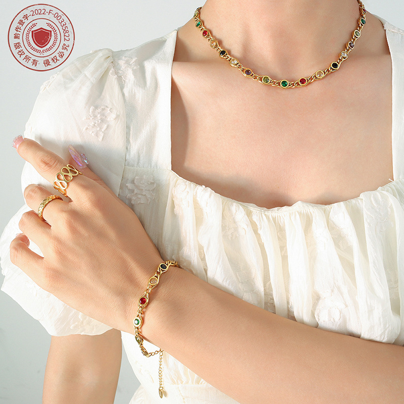 Colorful zircon mosaic copper necklace and bracelet set 503027