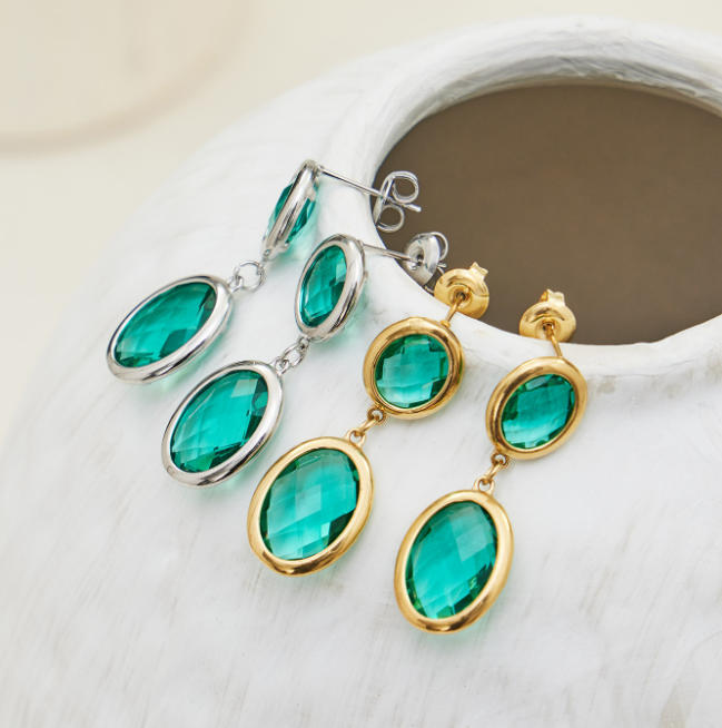Stainless steel gold-plated earrings with oval glass stones 502037