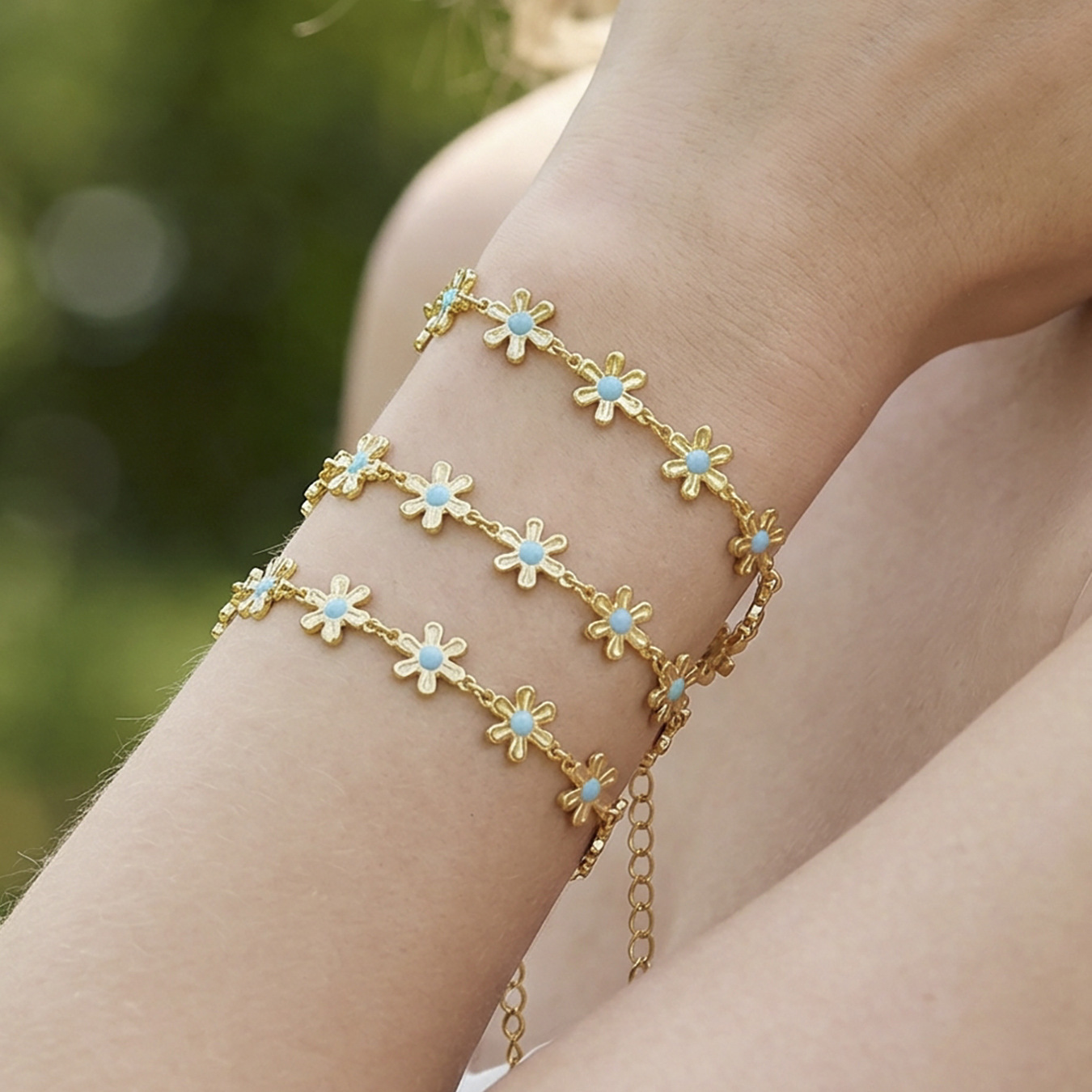 Stainless steel blue enamel small flower patchwork bracelet 505062