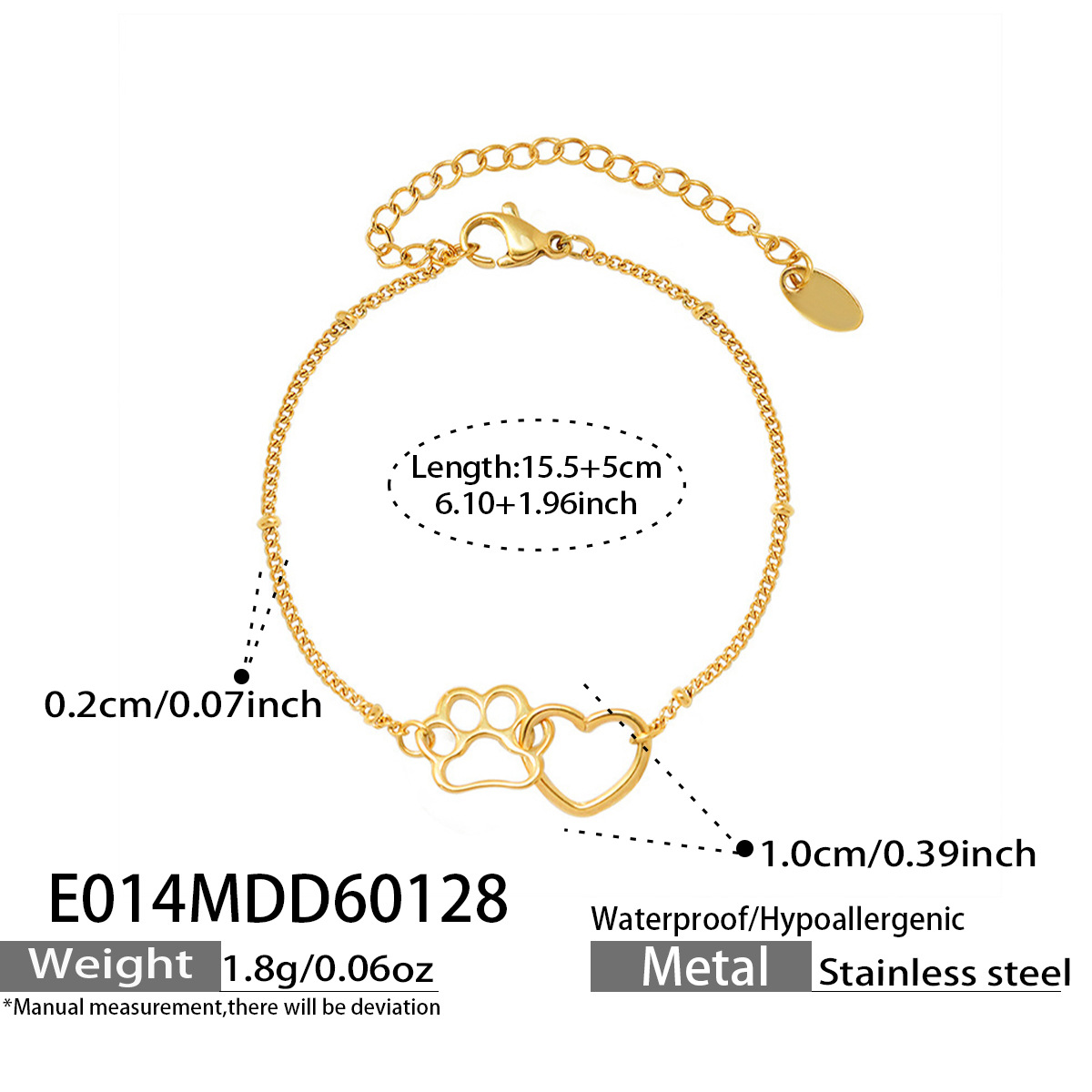 Stainless steel cat paw and heart-shaped link chain bracelet 505061
