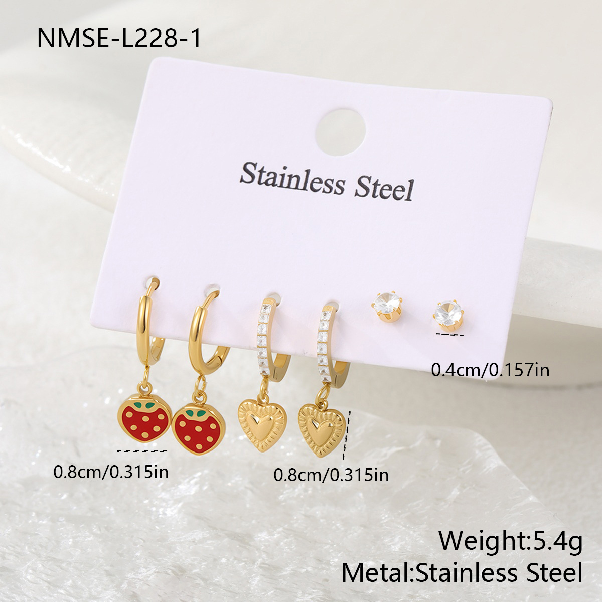Stainless steel strawberry heart-shaped cubic zirconia earrings 502042