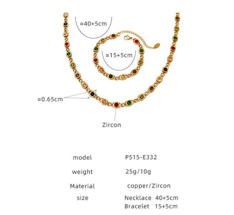 Colorful zircon mosaic copper necklace and bracelet set 503027