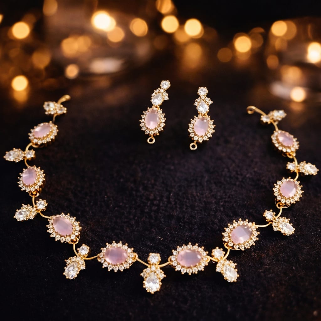 Elegant Elliptical BabyPink AD Stone Necklace Set