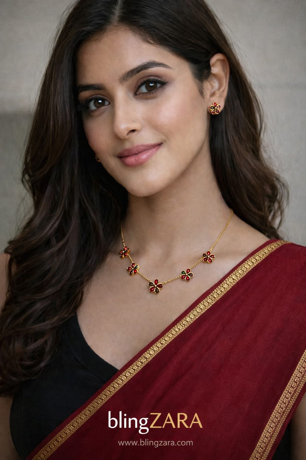 Floral Red Green 5 petal Stone Necklace with matching Earrings set