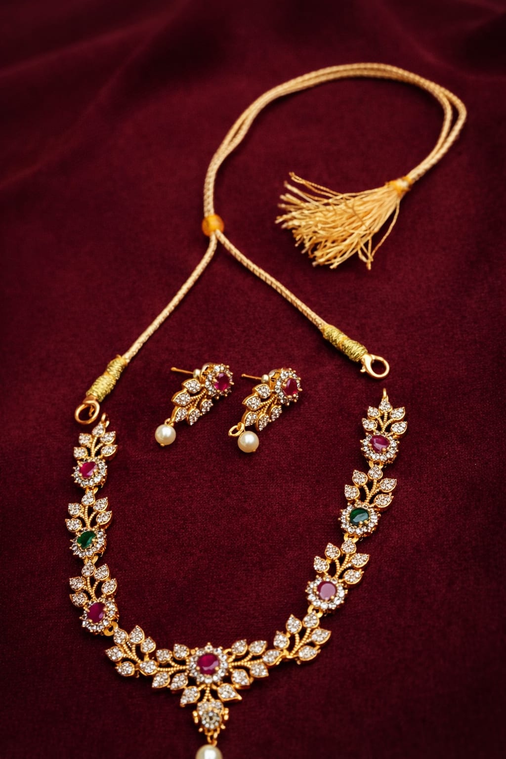 Floral Multicolor round stones Gold Necklace earrings Set