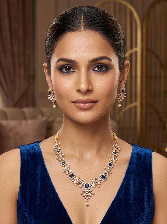 Elegant Blue Stone Gold Necklace Earrings Set