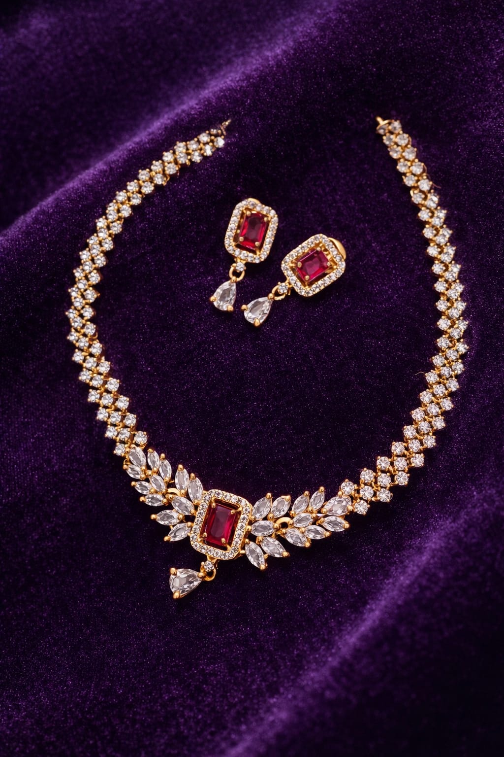 Ruby & American Diamond Sparkling Necklace Earrings Set