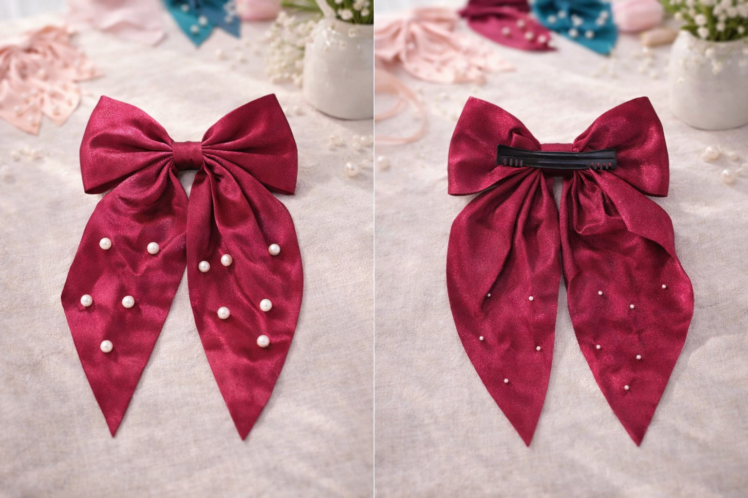Pearl Decorated Hair Bow Clips (Random color shipped) 