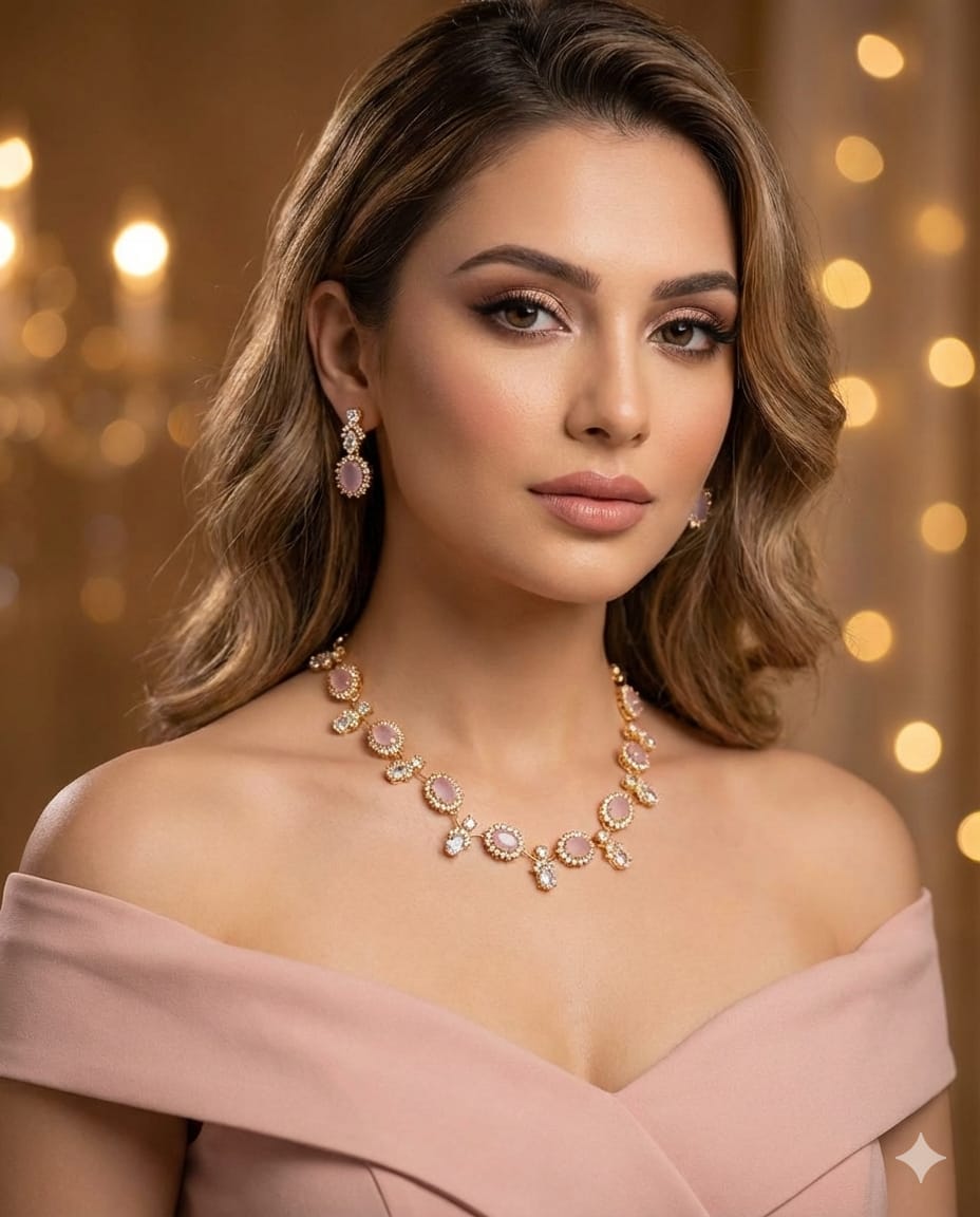 Elegant Elliptical BabyPink AD Stone Necklace Set