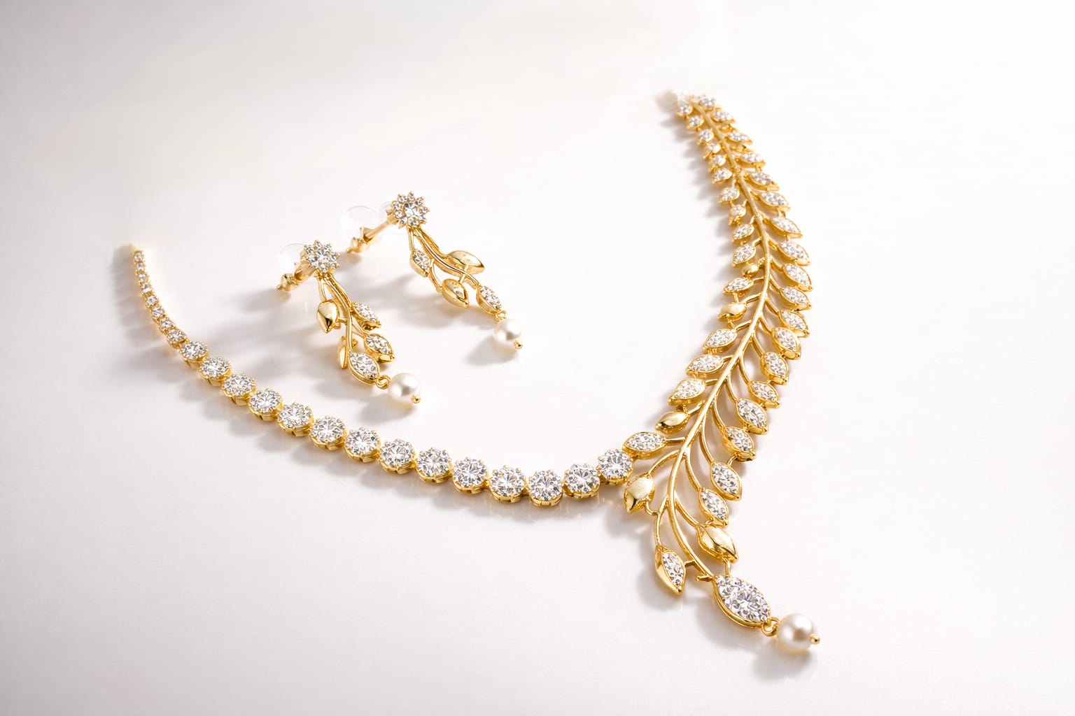 Leaflet Gold Plated American Diamond Necklace & Earring Set
