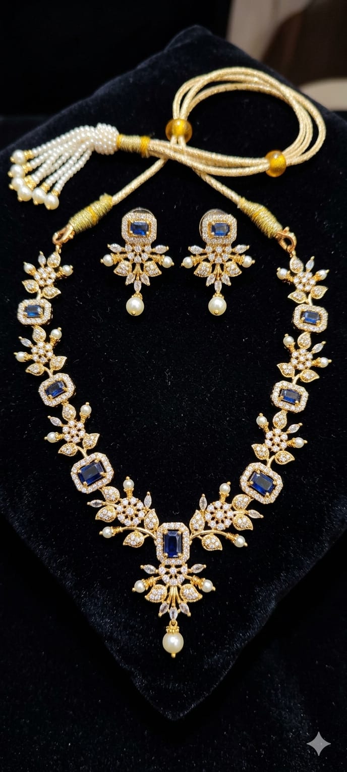 Elegant Blue Stone Gold Necklace Earrings Set