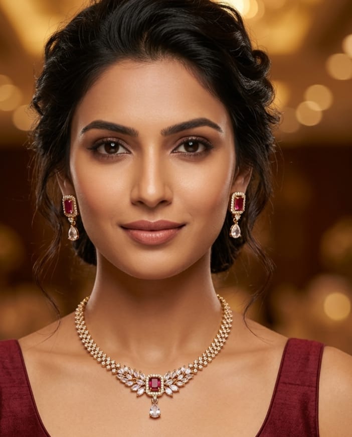 Ruby & American Diamond Sparkling Necklace Earrings Set