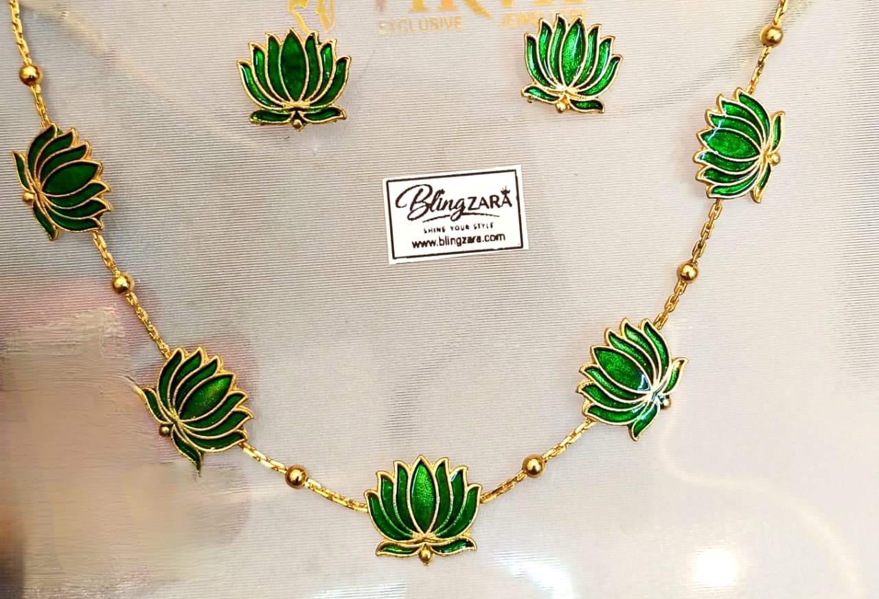 Green Lotus chain earring Jewellery Set