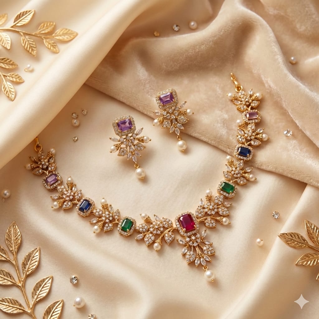 Premium Multicolor Stone Bridal American Diamond Jewelry Set