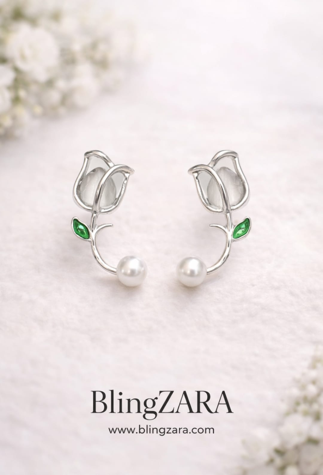 Silver Elegant Rose Pearl Earrings