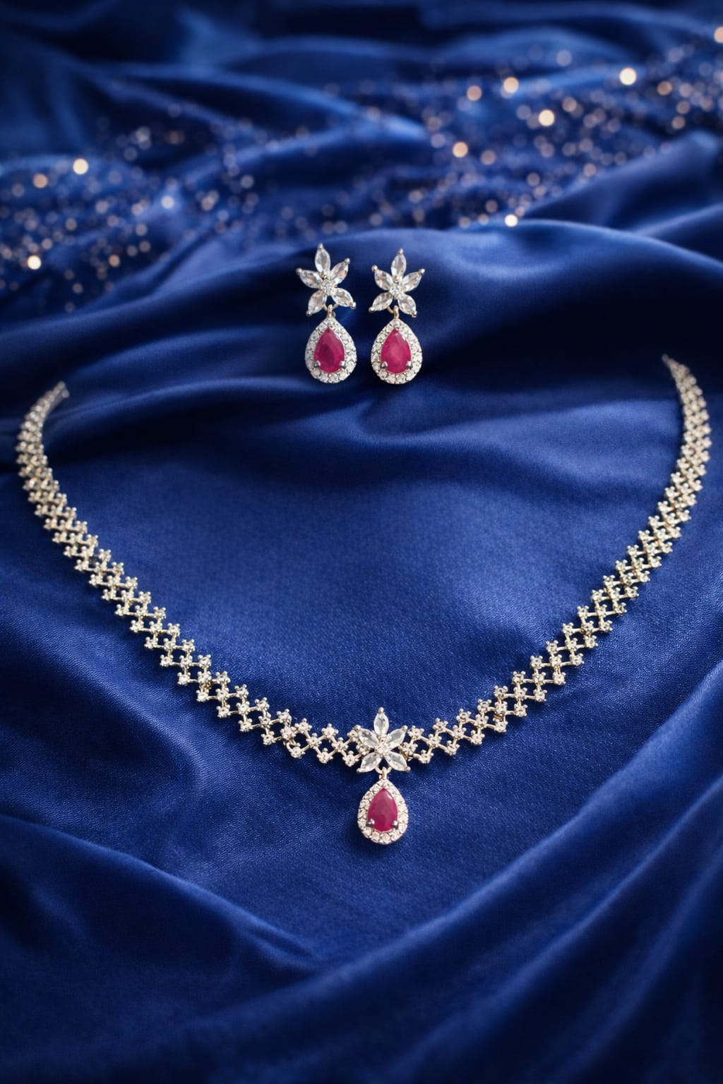 Elegant Ruby American Diamond Necklace & Earrings Set