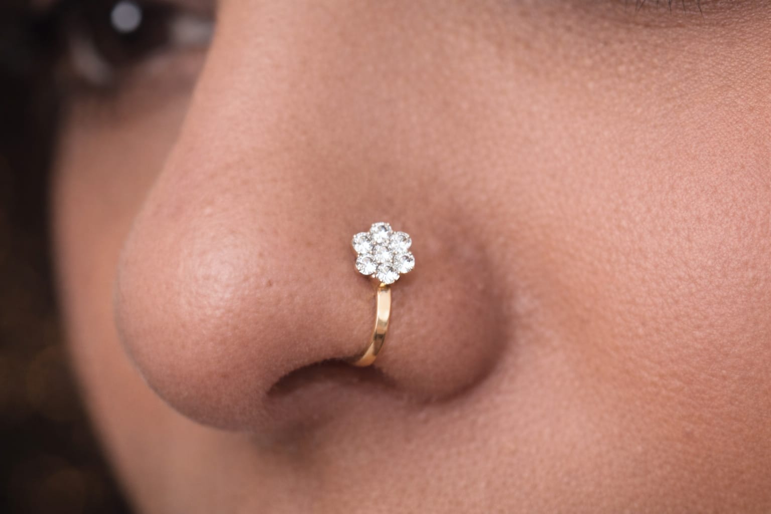 Gold Floral TUPS American Diamond Nose Ring - Nose piercing not required