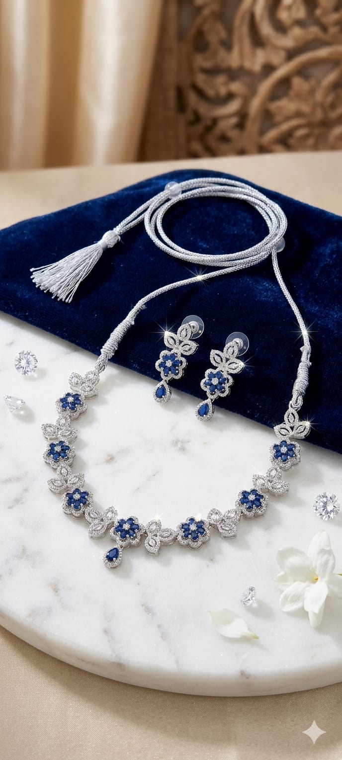 Premium Blue Floral American Diamond Necklace and Earring Set