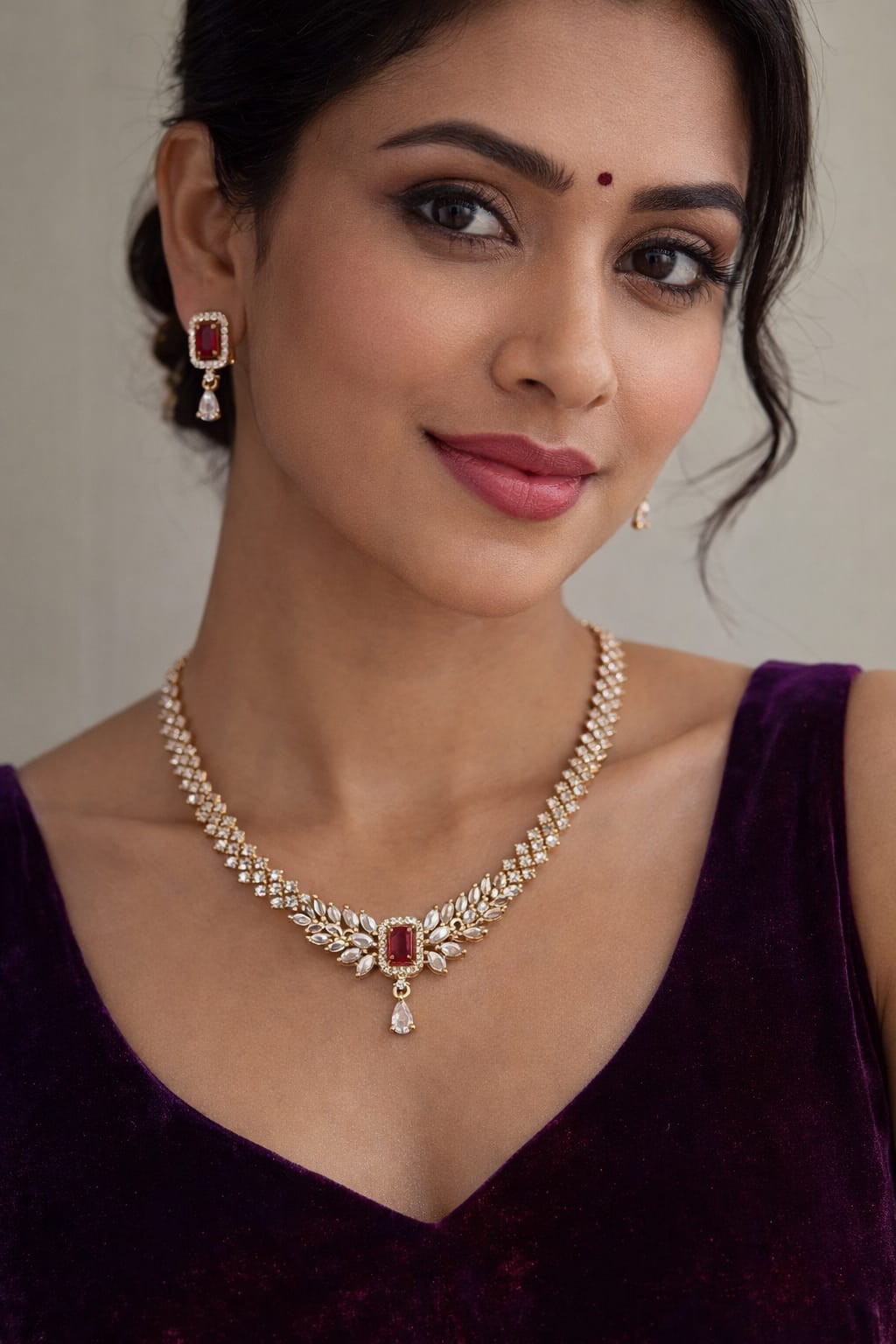 Ruby & American Diamond Sparkling Necklace Earrings Set