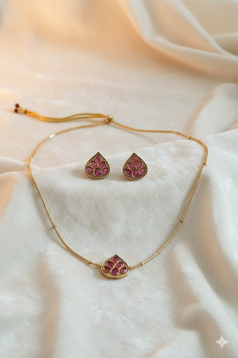 Gold-Plated Pink Stone Necklace & Earring Set