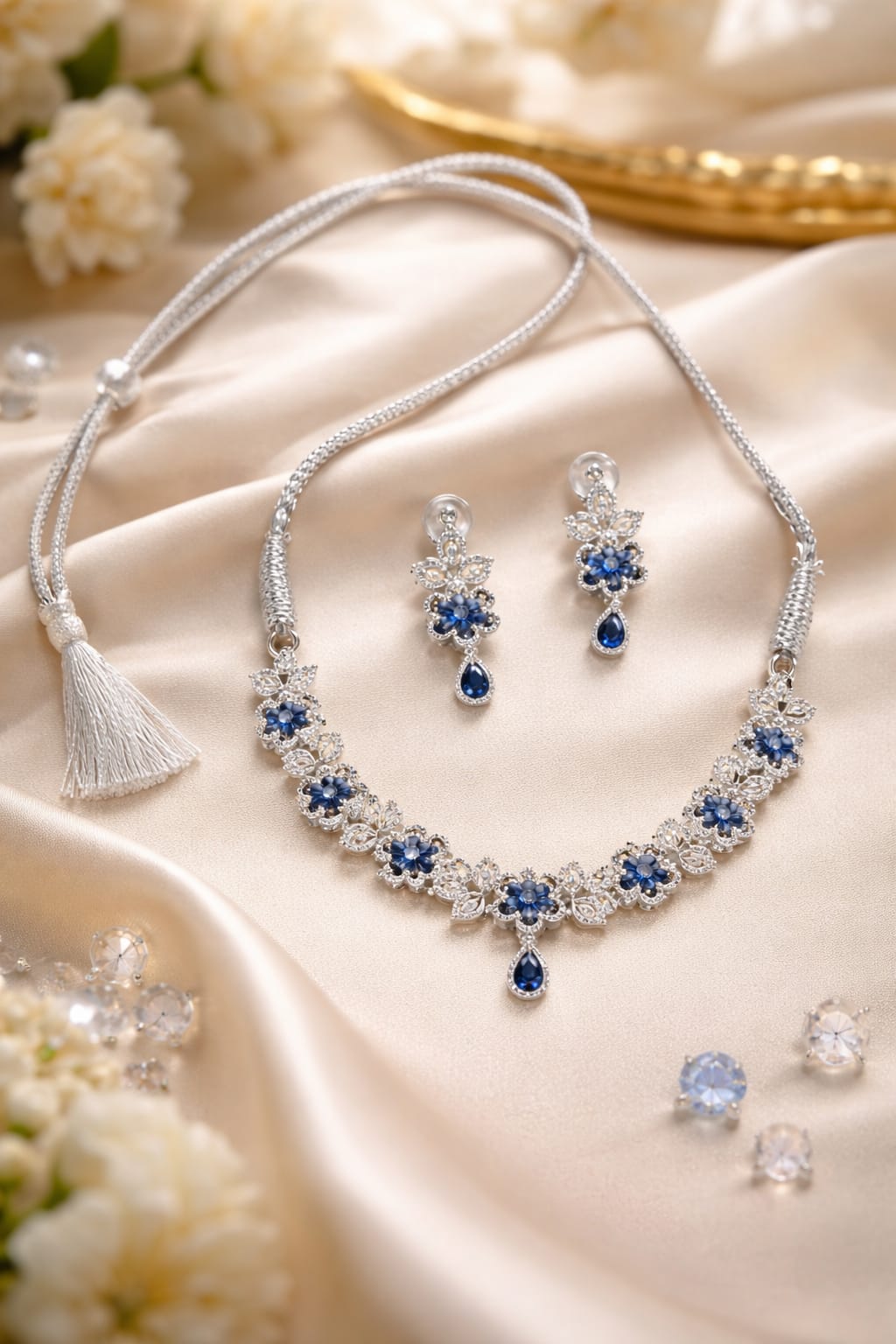 Premium Blue Floral American Diamond Necklace and Earring Set