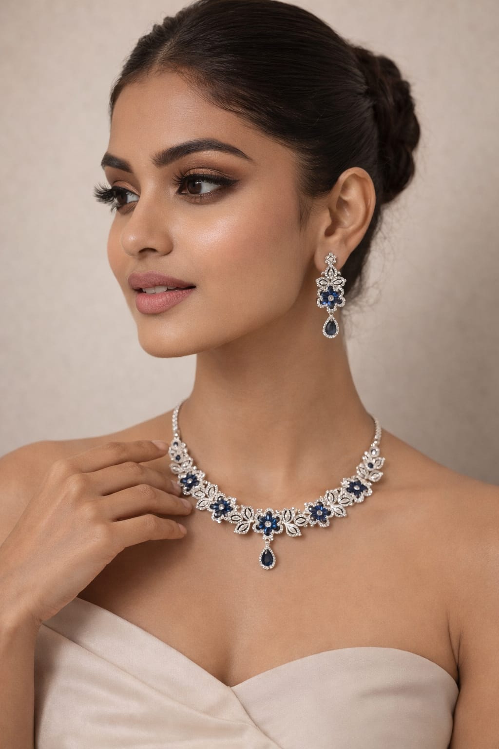 Premium Blue Floral American Diamond Necklace and Earring Set