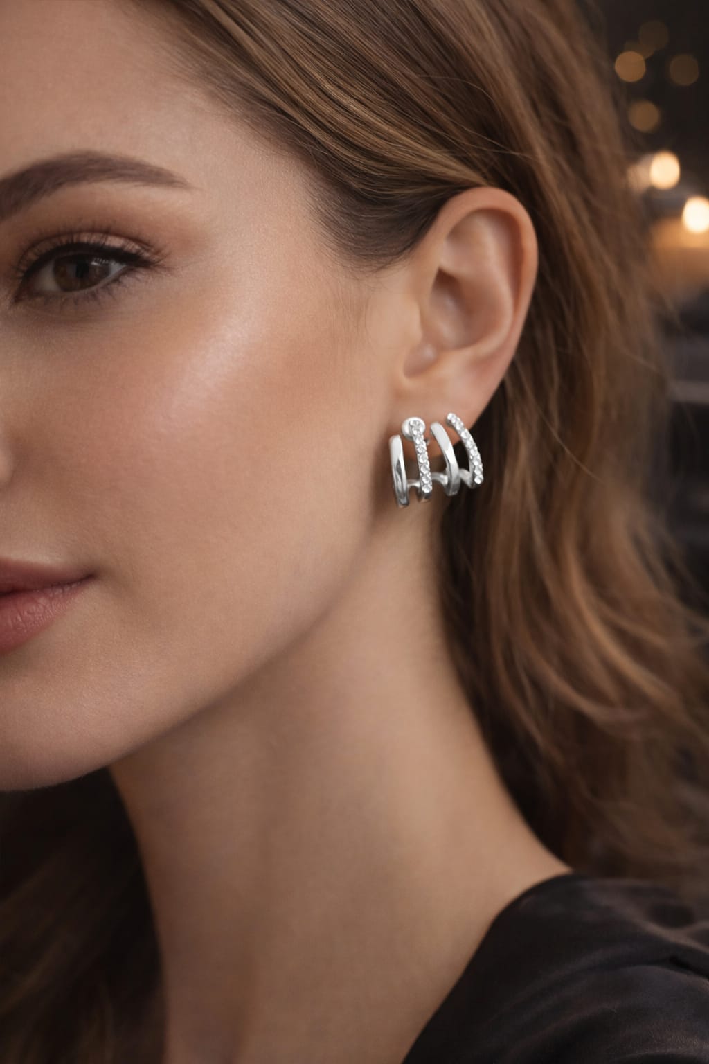 Silver Crystal four rings Stud Earrings