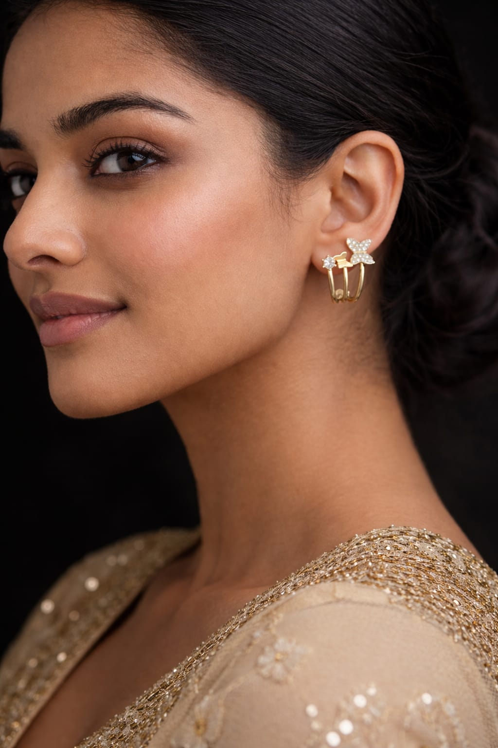 Butterfly Gold-Plated three ring Earrings