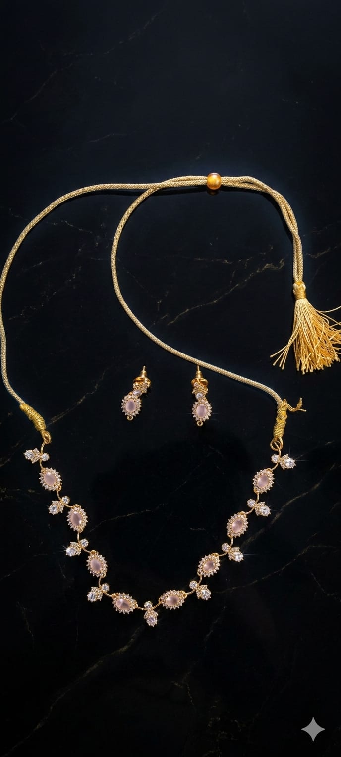 Elegant Elliptical BabyPink AD Stone Necklace Set