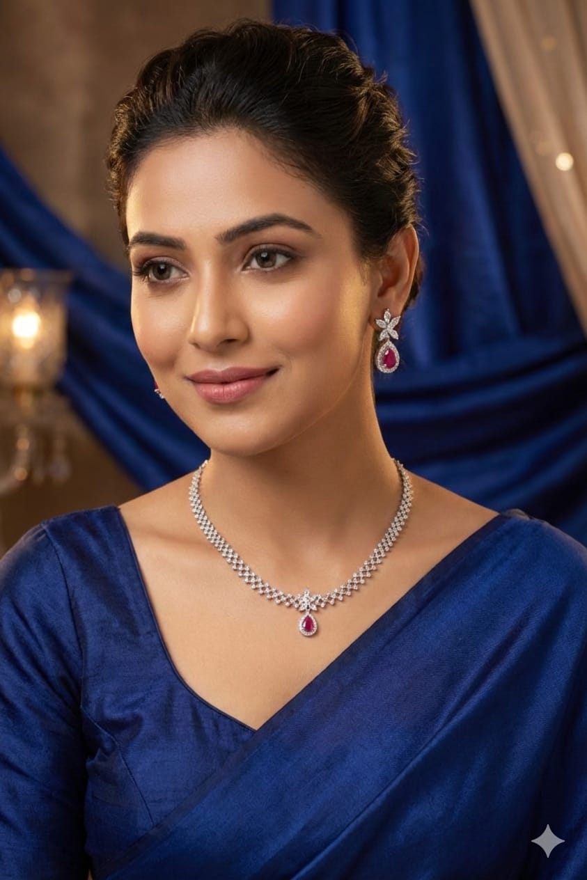 Elegant Ruby American Diamond Necklace & Earrings Set