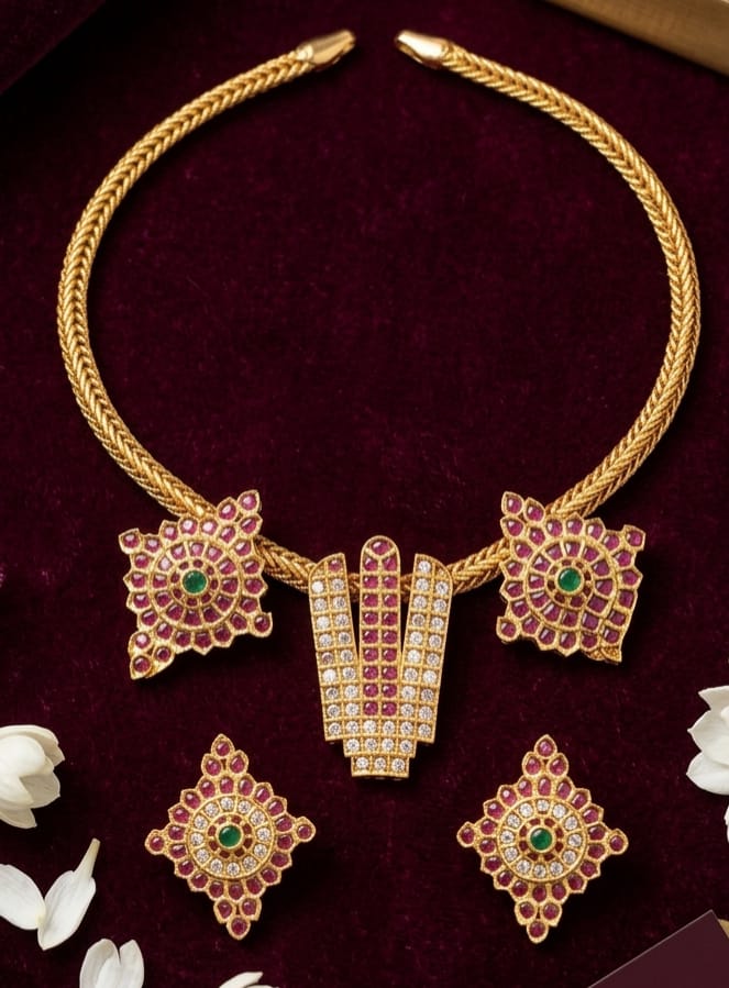 Gold-Plated Ruby Srinivasa Namam Conch Choker earrings Set