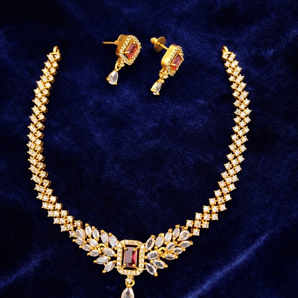 Ruby & American Diamond Sparkling Necklace Earrings Set