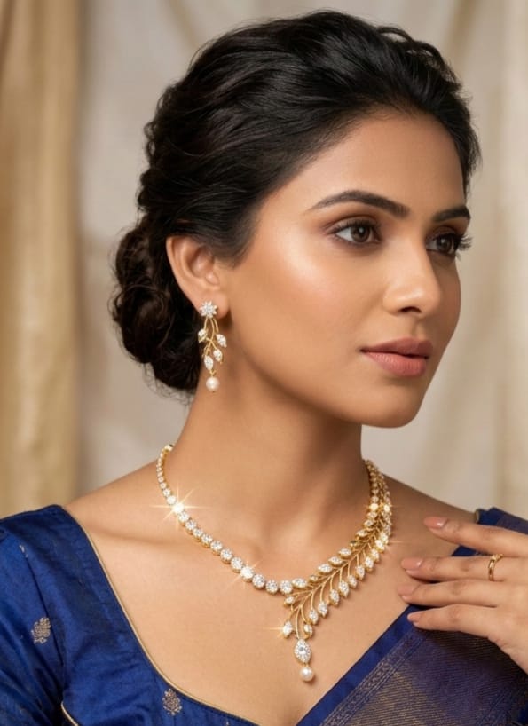 Leaflet Gold Plated American Diamond Necklace & Earring Set